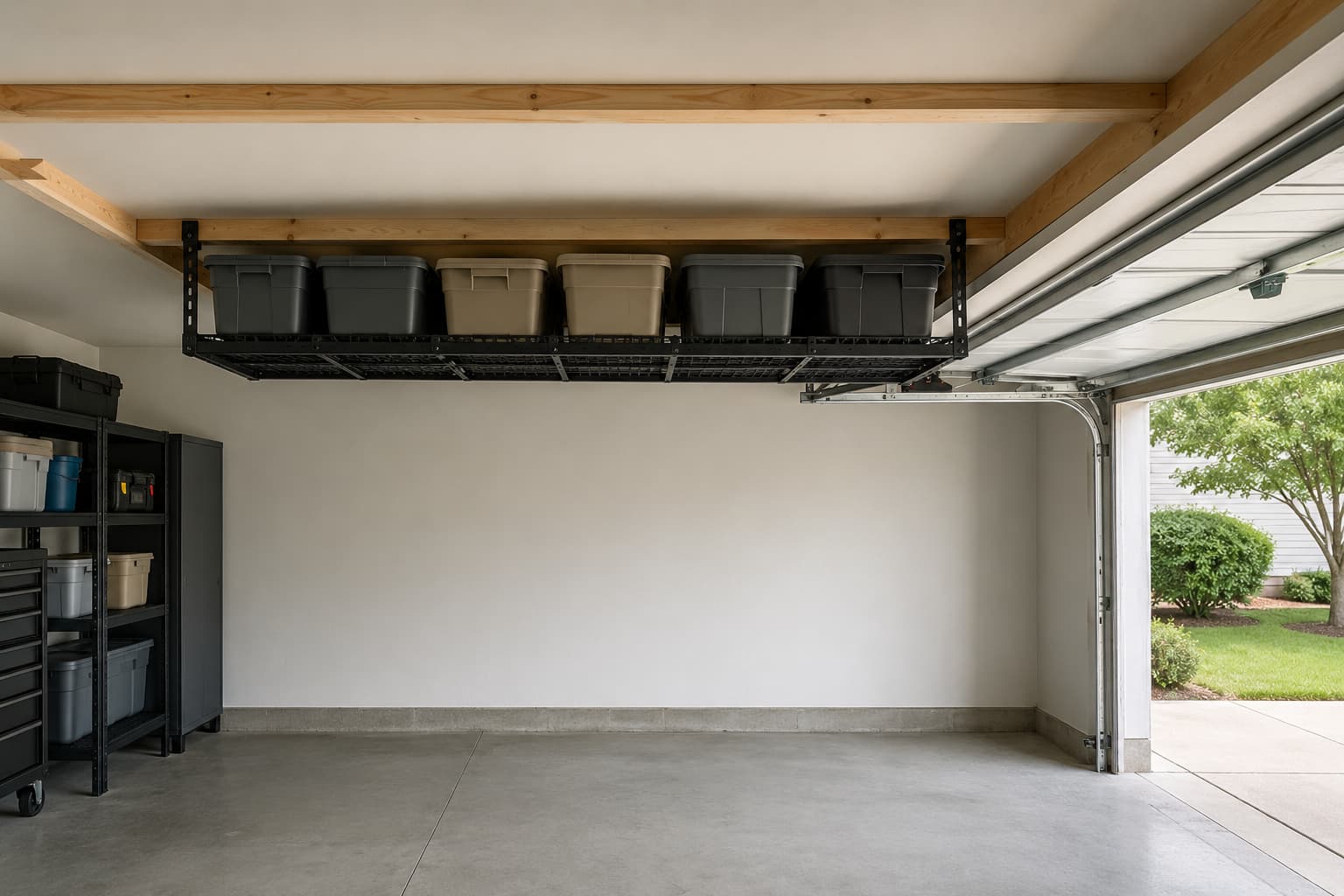 Best overhead garage storage for low ceilings — low-profile ceiling-mounted rack at 12-inch drop in a 7-foot residential garag