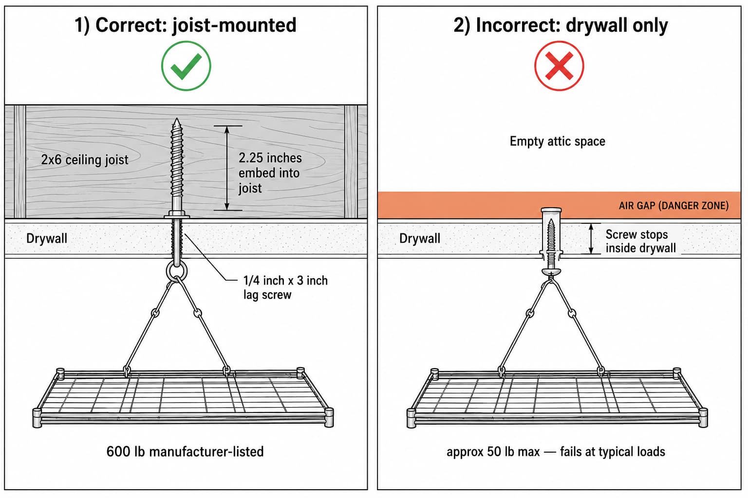 Cross-section diagram showing correct overhead rack mounting into 2x6 wood ceiling joists with lag screws, contrasted with incorrect drywall-only mounting that fails at typical 600-pound loads