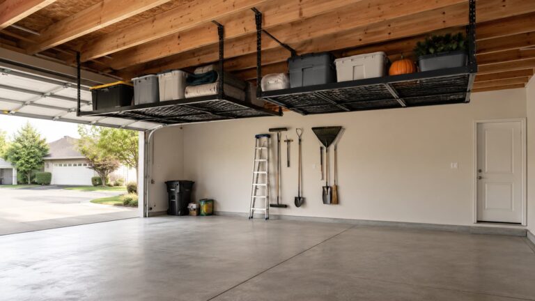 Best overhead garage storage racks — ceiling-mounted racks loaded with totes in a residential garage
