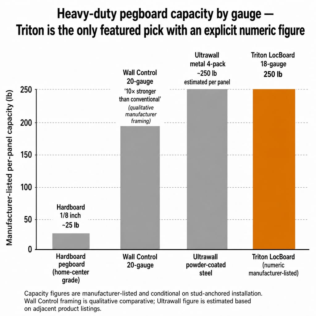 Bar chart comparing manufacturer-listed per-panel capacity across four pegboards — Triton LocBoard at 250 pounds, Wall Control at qualitative 10× conventional pegboard, Ultrawall at 200-300 pounds estimated, and hardboard pegboard at under 30 pounds