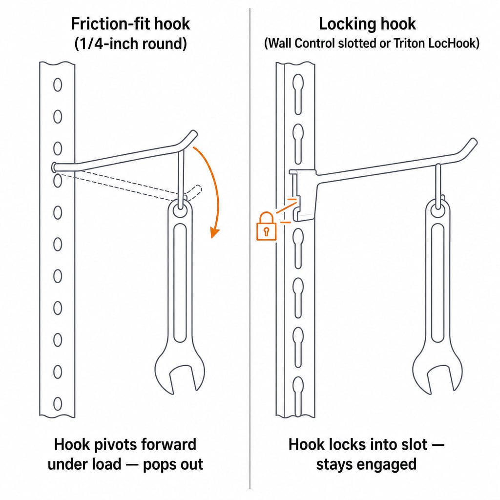 Side-by-side illustration showing a friction-fit standard 1/4-inch pegboard hook on the left pivoting and popping out under load, versus a locking slotted hook on the right staying in place under the same load