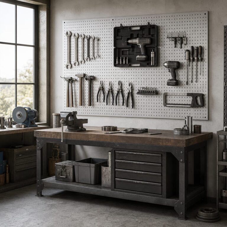 Heavy-duty industrial-style garage workshop wall with steel pegboard holding cordless drills, hammers, large wrenches, and power tool cases on robust locking hooks