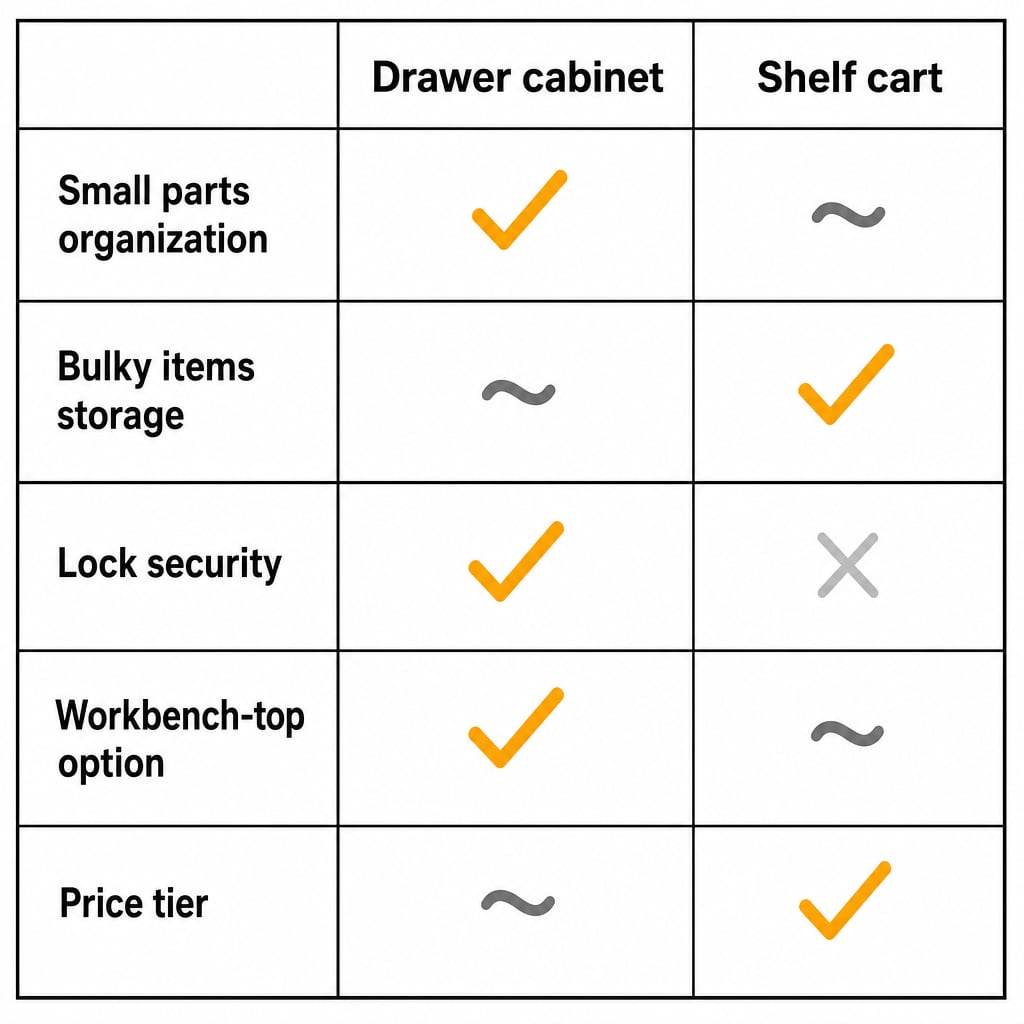 Decision matrix comparing drawer cabinet and shelf cart formats on five factors — small parts organization, bulky items storage, lock security, workbench-top option, and price tier
