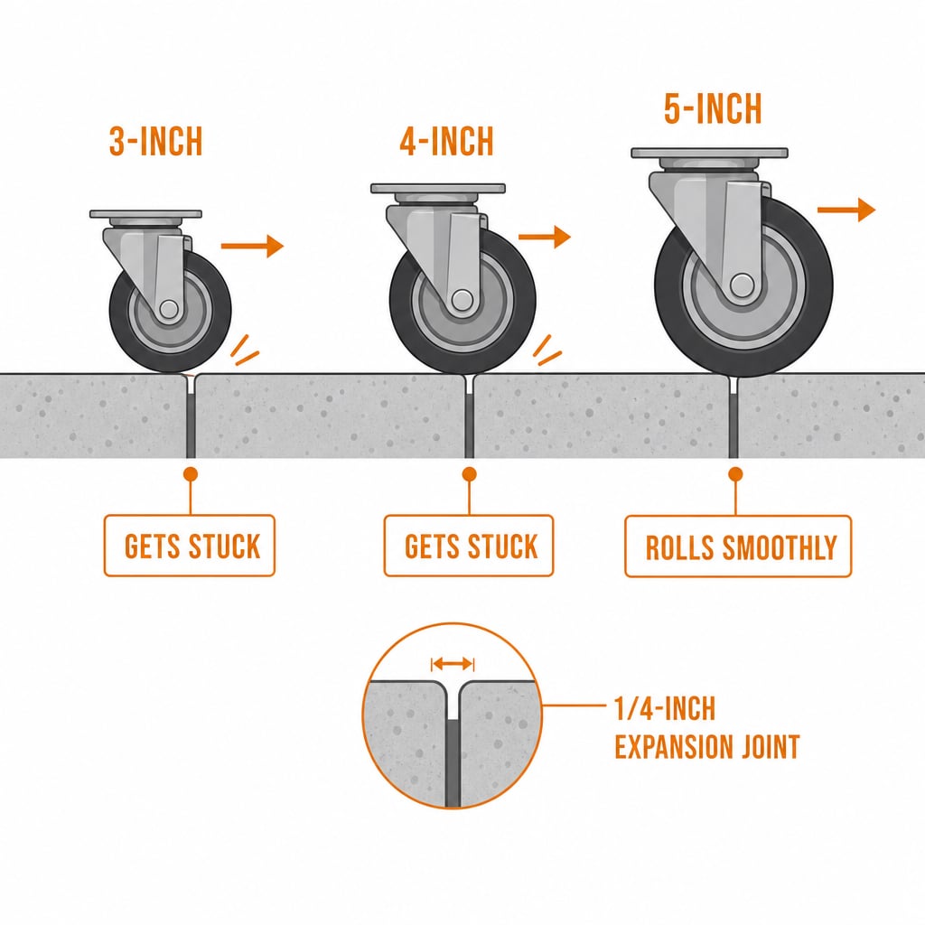 Side-view diagram comparing 3-inch, 4-inch, and 5-inch caster sizes rolling over a 1/4-inch garage concrete expansion joint, showing smaller casters getting stuck and larger casters rolling smoothly