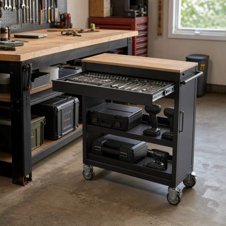 Organized garage workshop with rolling tool cart parked next to workbench, drawers open showing organized hand tools, shelves below holding power tool cases
