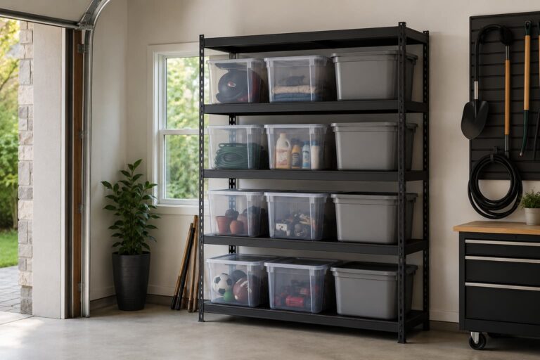 Organized garage corner with a stack of clear and dark gray plastic storage bins on a shelving unit, daylight