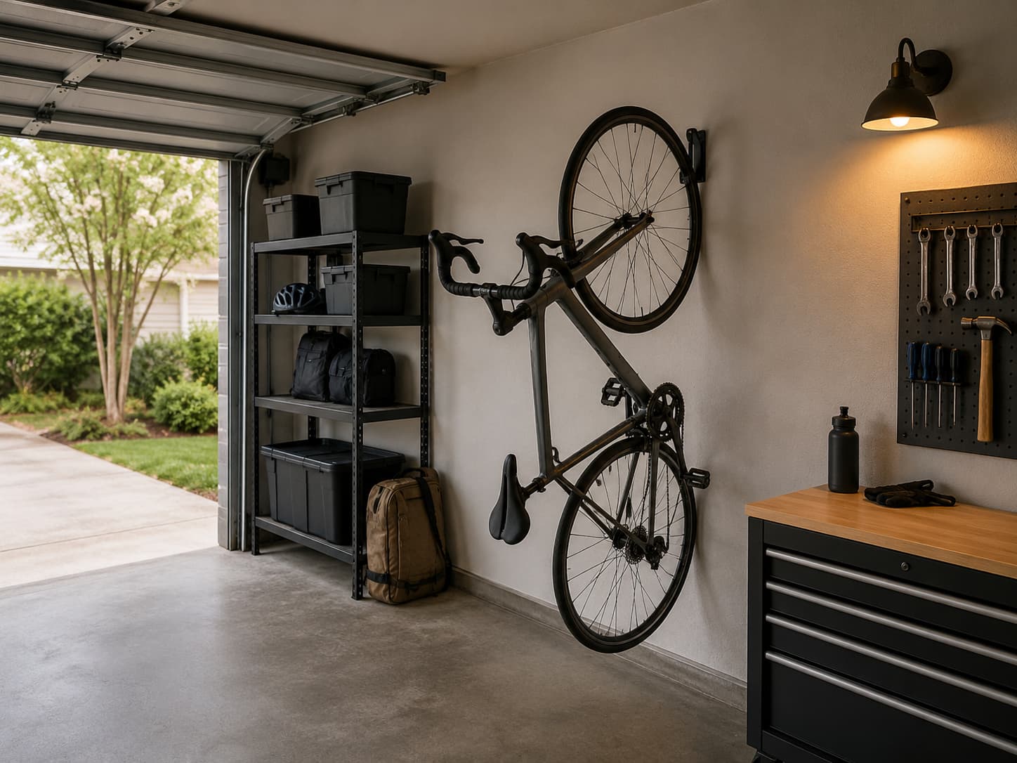 best vertical bike rack for garage — bike hanging on wall in clean small garage with daylight