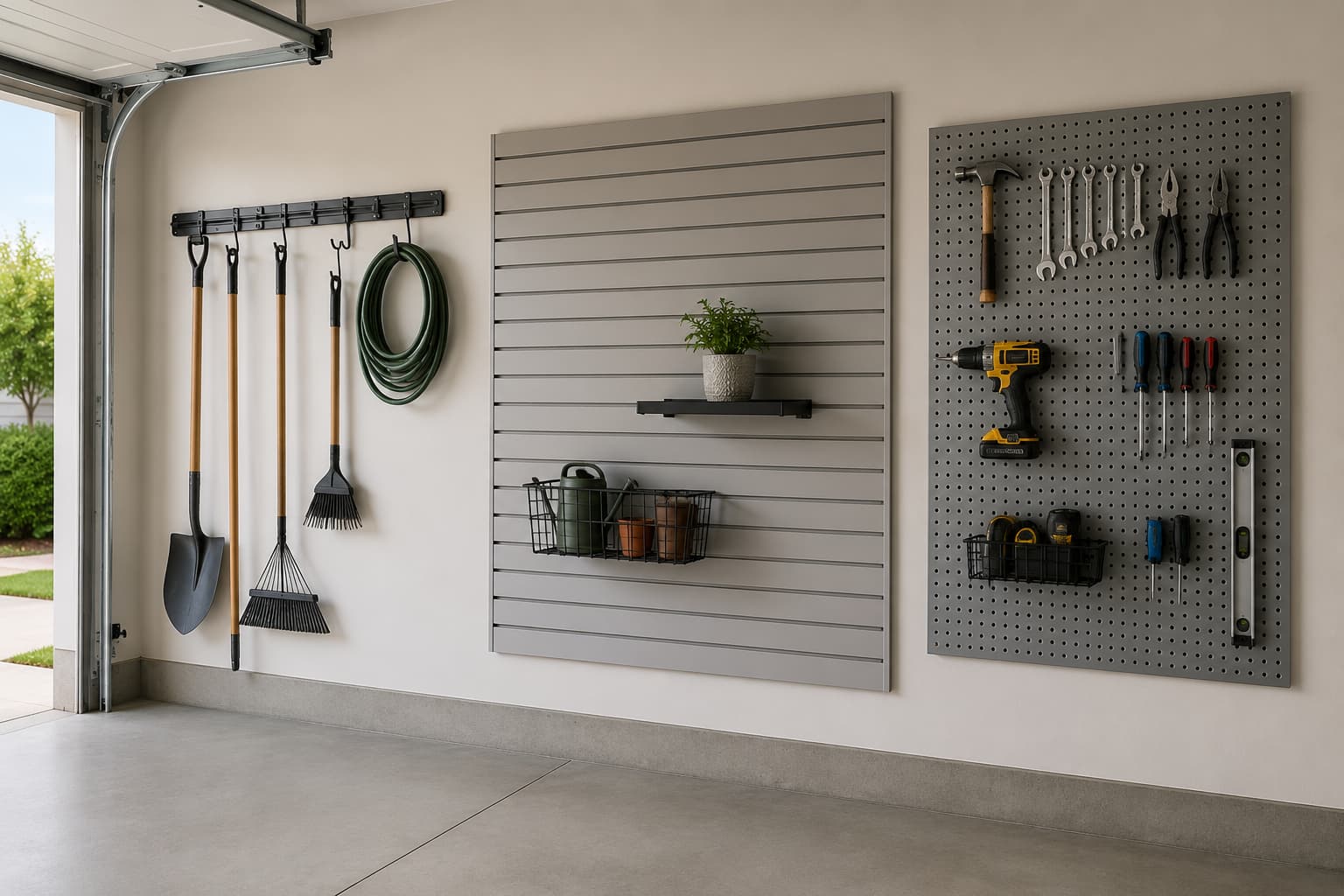 best wall mounted garage storage systems — wide editorial view of a residential garage wall with track rail, slatwall, and pegboard sections side by side