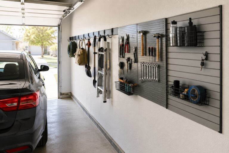 Narrow residential garage with slim wall-mounted storage rails and pegboard, parked car visible with tight wall clearance