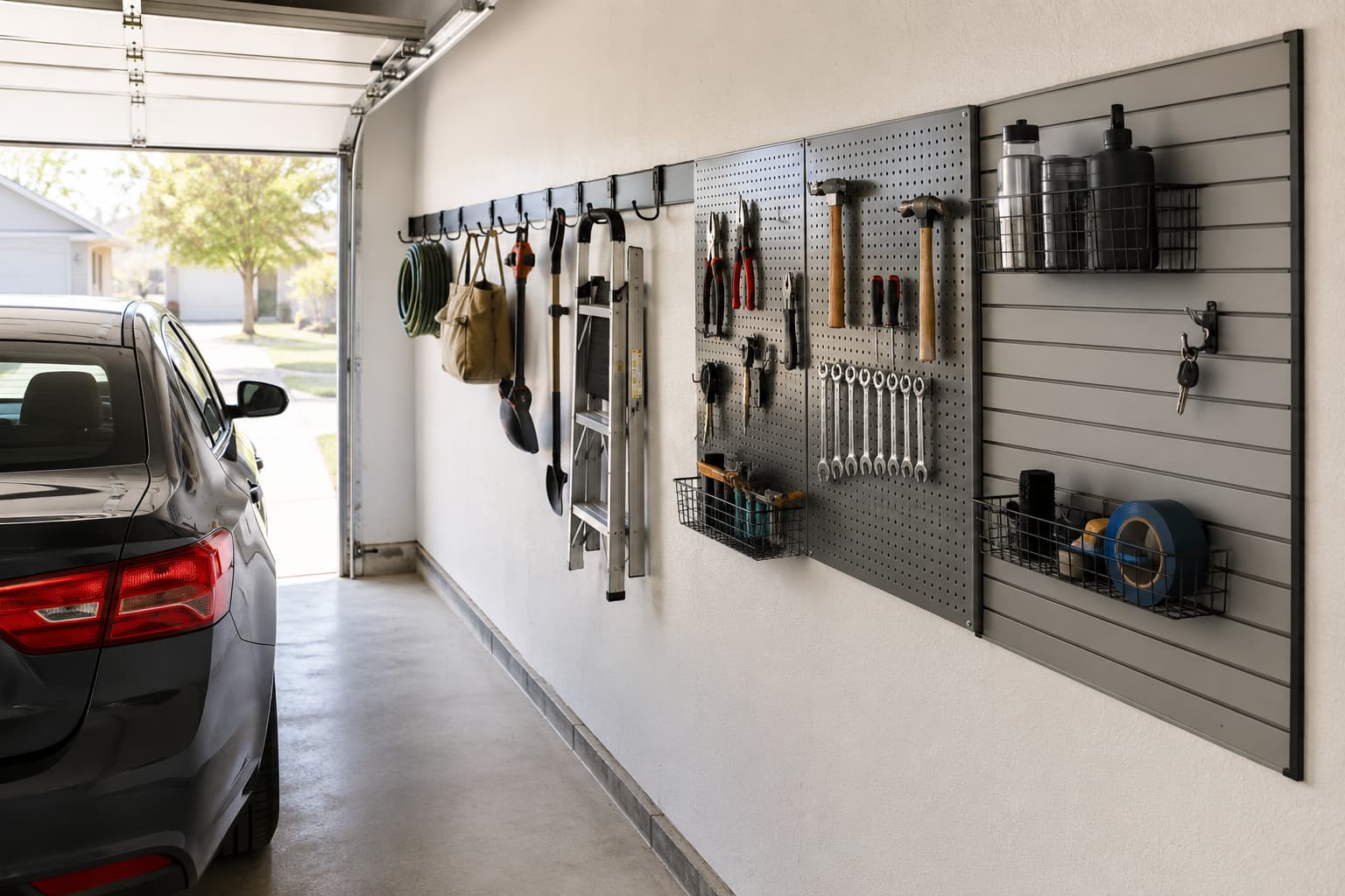 Narrow residential garage with slim wall-mounted storage rails and pegboard, parked car visible with tight wall clearance