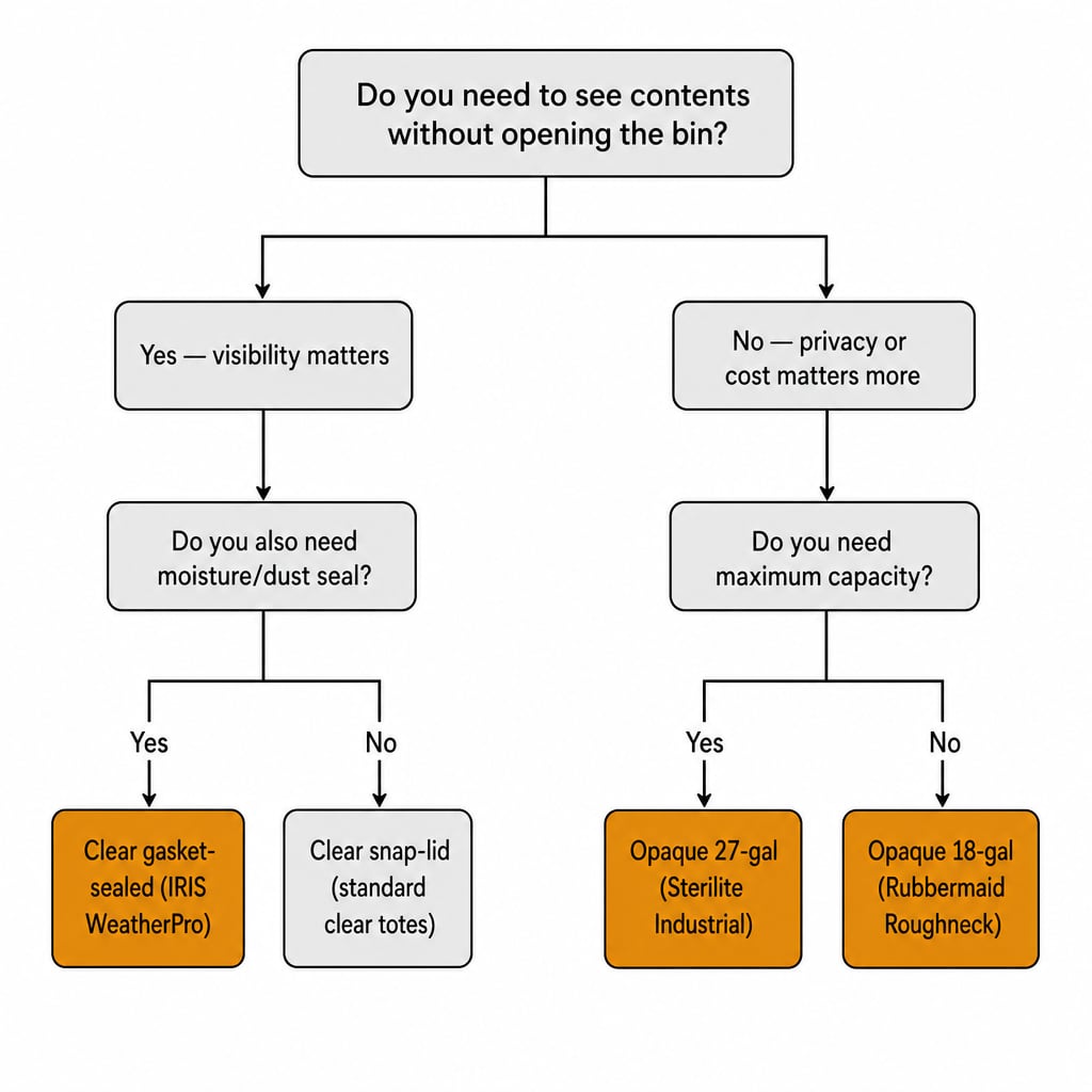 Decision tree diagram for choosing between clear and opaque storage bins based on visibility needs, weather protection needs, and budget tier
