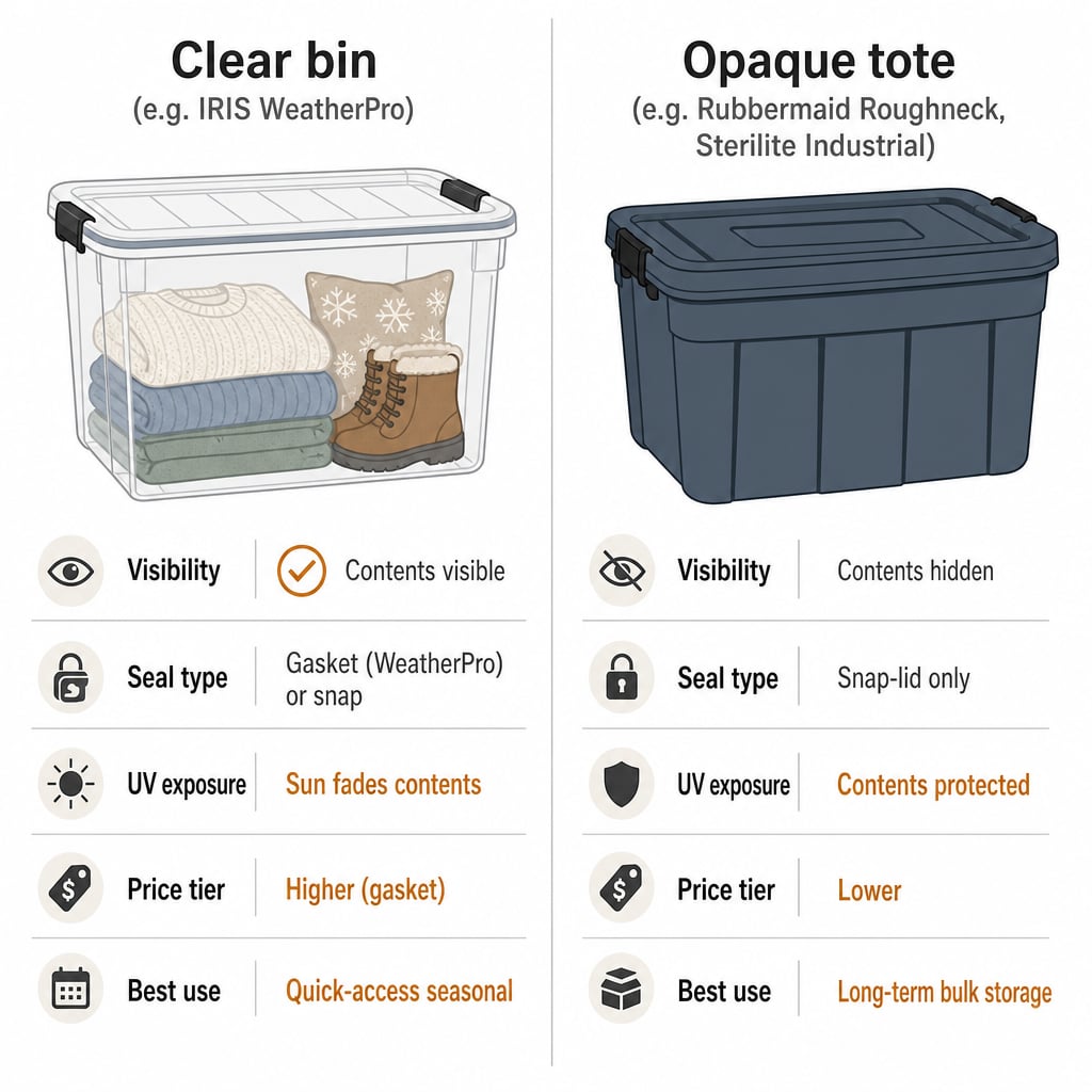 Side-by-side comparison infographic of clear bin and opaque tote features — visibility, seal type, UV exposure, typical price tier, and best use cases