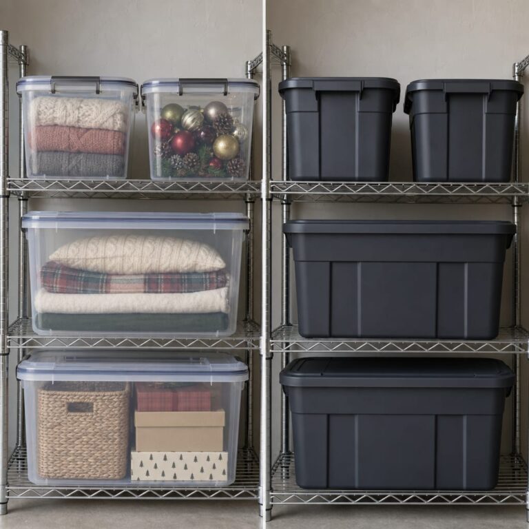 Split-frame composition showing clear plastic storage bins with visible contents on the left versus opaque storage totes on a metal garage shelf on the right