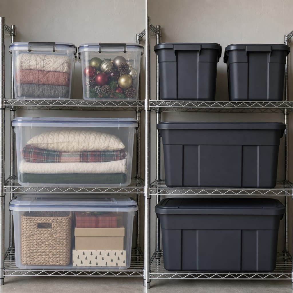 Split-frame composition showing clear plastic storage bins with visible contents on the left versus opaque storage totes on a metal garage shelf on the right