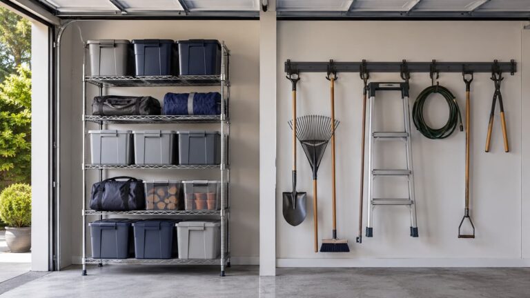 Decision tree showing which garage storage approach fits based on rental status, wall finish, ceiling height, and load type