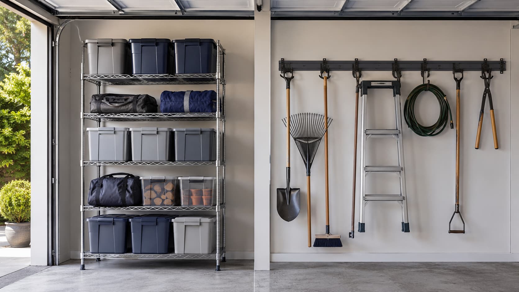 Decision tree showing which garage storage approach fits based on rental status, wall finish, ceiling height, and load type