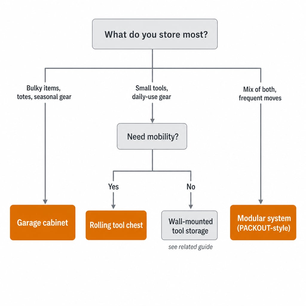 Decision tree asking what you store most: bulk items lead to cabinet, small tools lead to tool chest, branching by mobility need