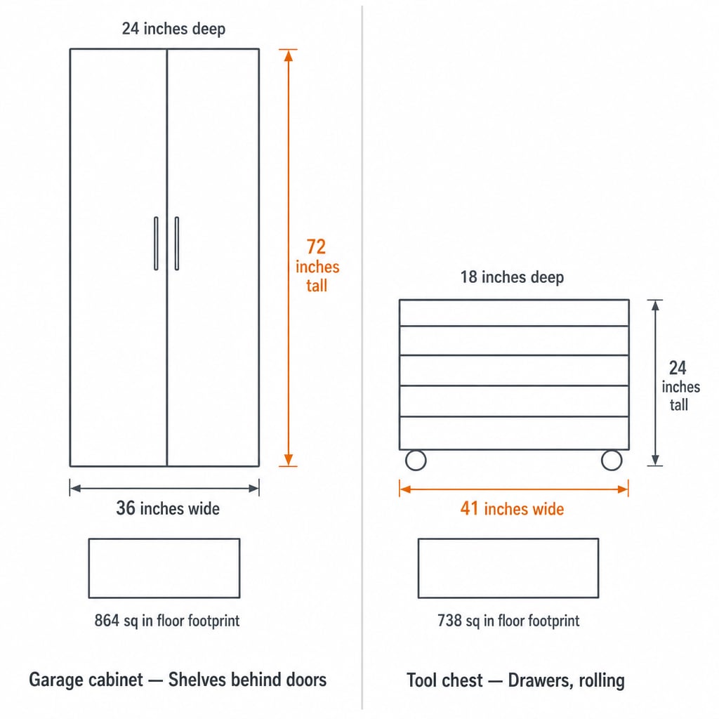 Side-by-side comparison panel: garage cabinet 36 inches by 24 inches by 72 inches versus tool chest 41 inches by 18 inches by 24 inches