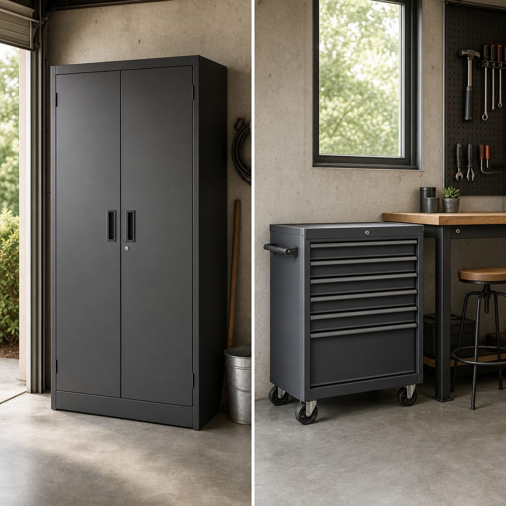 Split-frame view of a residential garage with a tall steel storage cabinet on the left and a rolling tool chest on the right