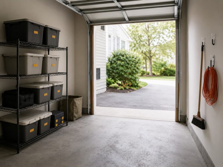 Organized rental garage with freestanding wire shelving along the wall and damage-free hooks holding light tools, no permanent installations visible, daylight
