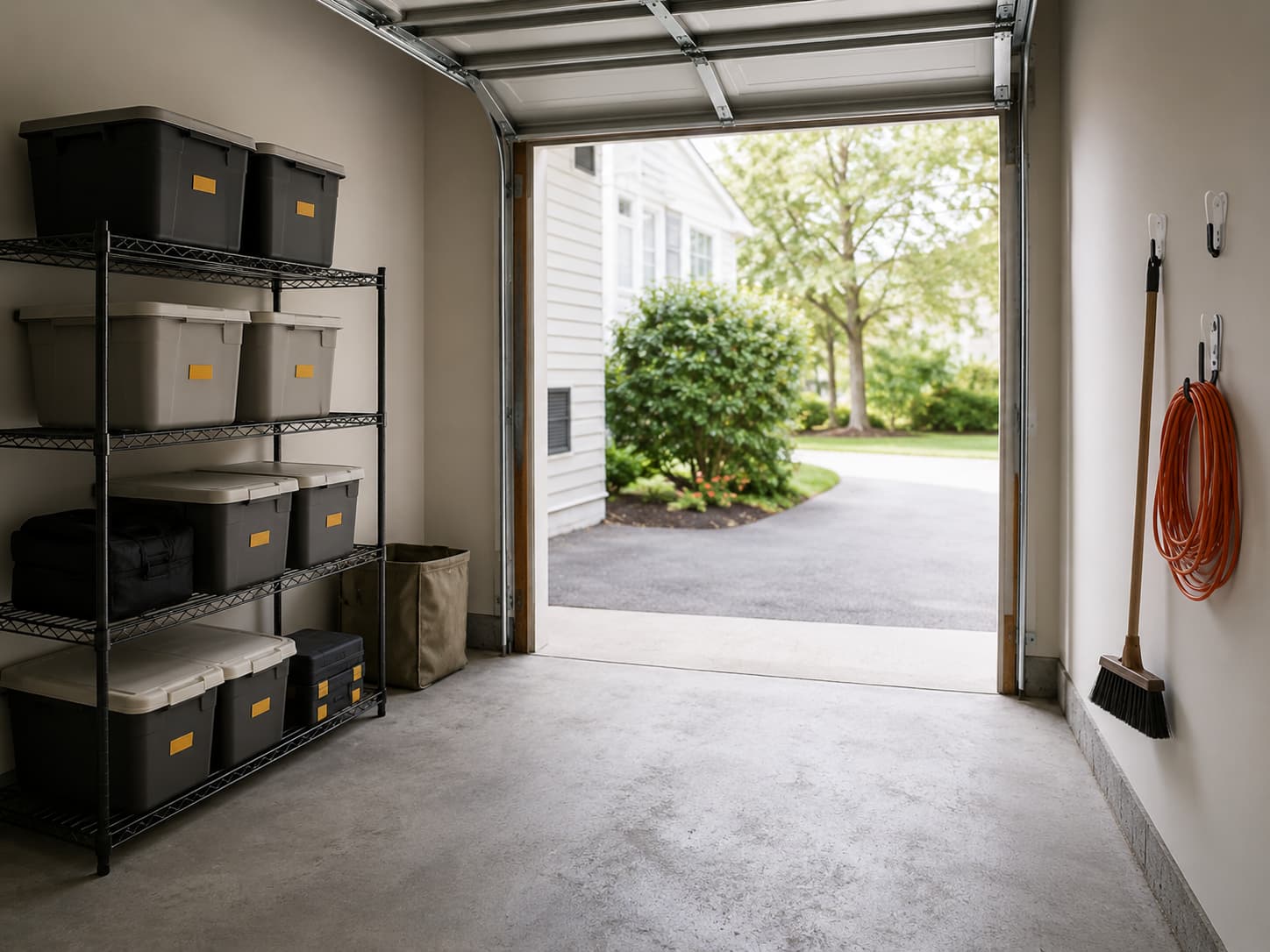 Organized rental garage with freestanding wire shelving along the wall and damage-free hooks holding light tools, no permanent installations visible, daylight