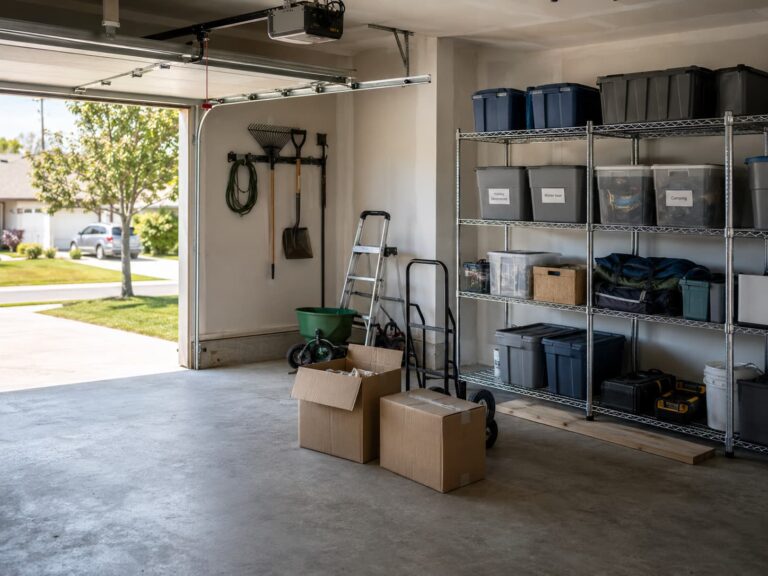 common garage organization mistakes — partially organized residential garage with totes, hooks, and a few cardboard boxes still on the floor