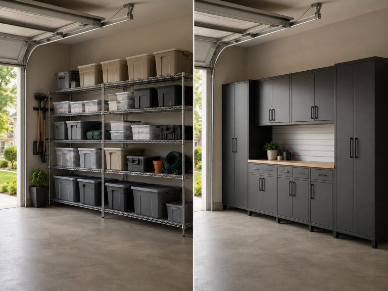 garage shelving vs cabinets — split frame of open metal shelves and closed steel cabinets in a residential garage