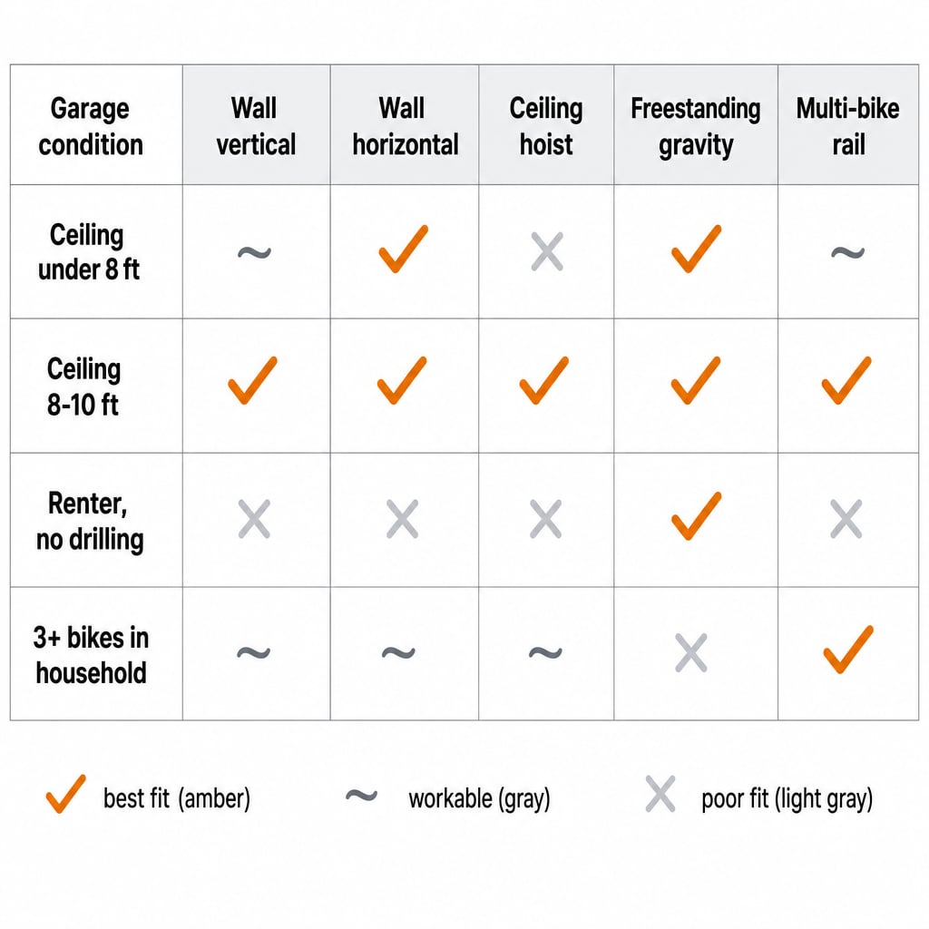 Decision matrix mapping four garage conditions to the five bike storage archetypes, showing which archetypes fit each condition