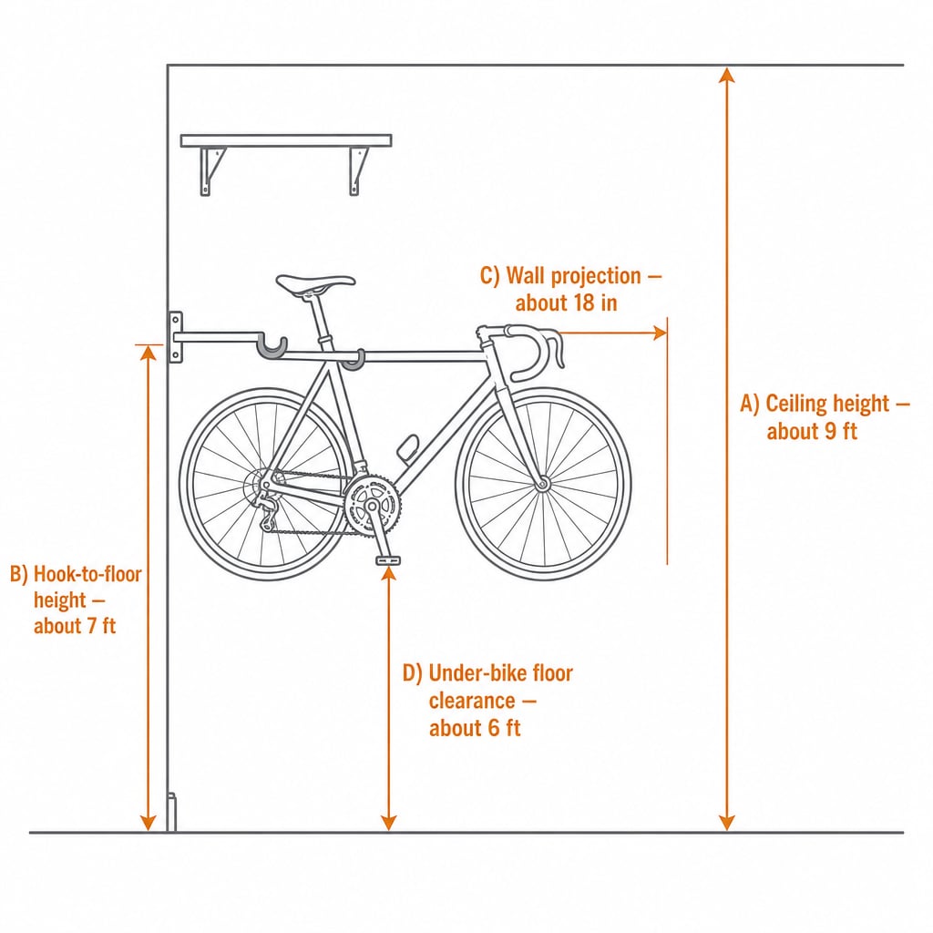 Annotated side-view diagram of a garage wall showing the four critical measurements before buying bike storage including ceiling height, hook height, wall clearance, and floor clearance