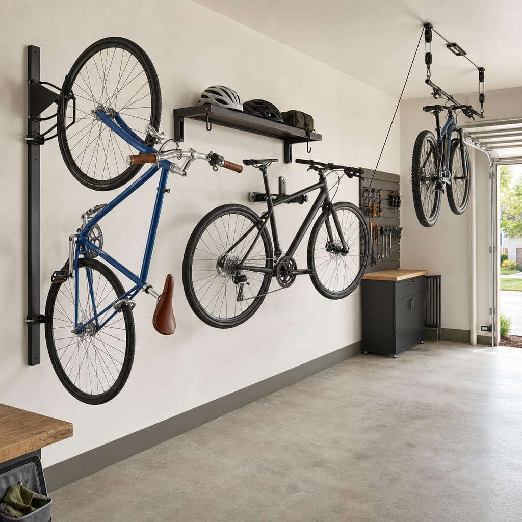 Organized residential garage with bikes stored in mixed methods including a wall-mounted vertical rack and a ceiling pulley hoist