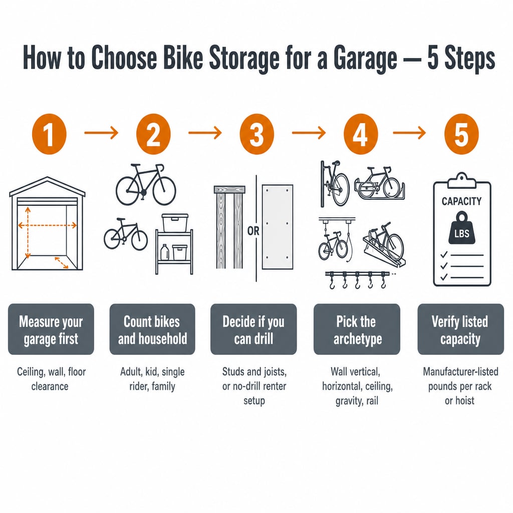 Five-step infographic for choosing bike storage in a garage: measure the garage, count the bikes, decide on drilling, pick the archetype, verify the manufacturer-listed capacity