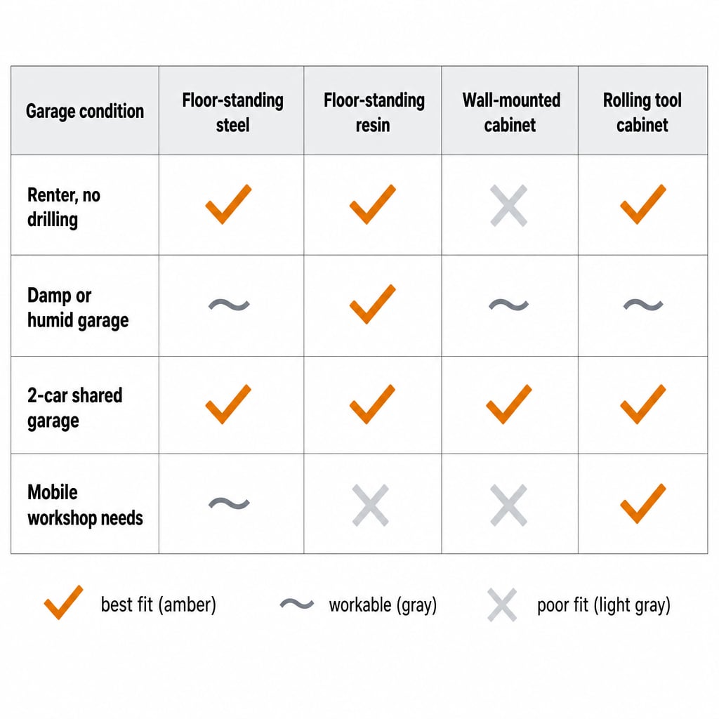 Decision matrix mapping four garage conditions to four cabinet types, showing which cabinet type is best fit, workable, or poor fit for each condition