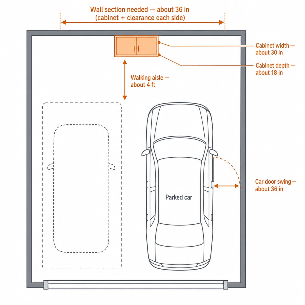 Annotated top-down floor plan of a two-car garage showing a 30-inch-wide 18-inch-deep cabinet against the rear wall with measurements for wall length, walking aisle, parked car door swing, and cabinet depth