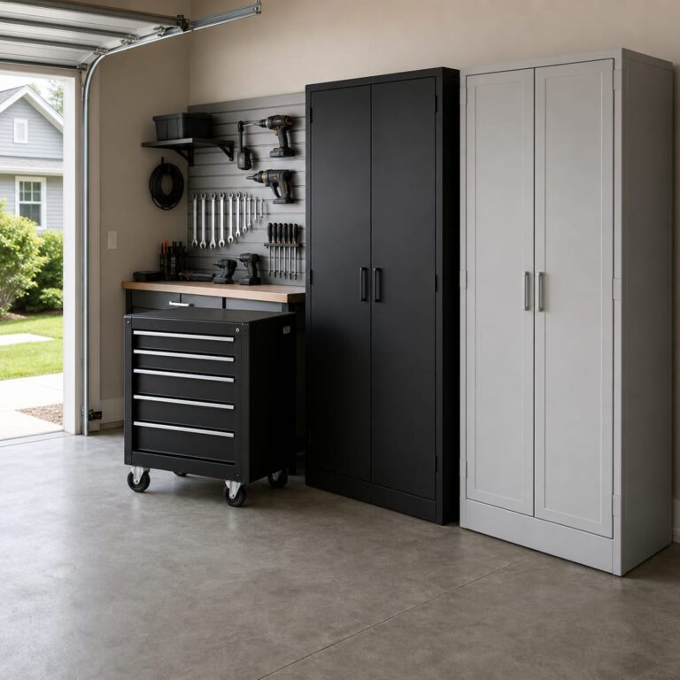 Organized residential two-car garage interior with a tall steel storage cabinet against one wall, a resin cabinet next to it, and a rolling tool cabinet in the foreground, daylight from open garage door