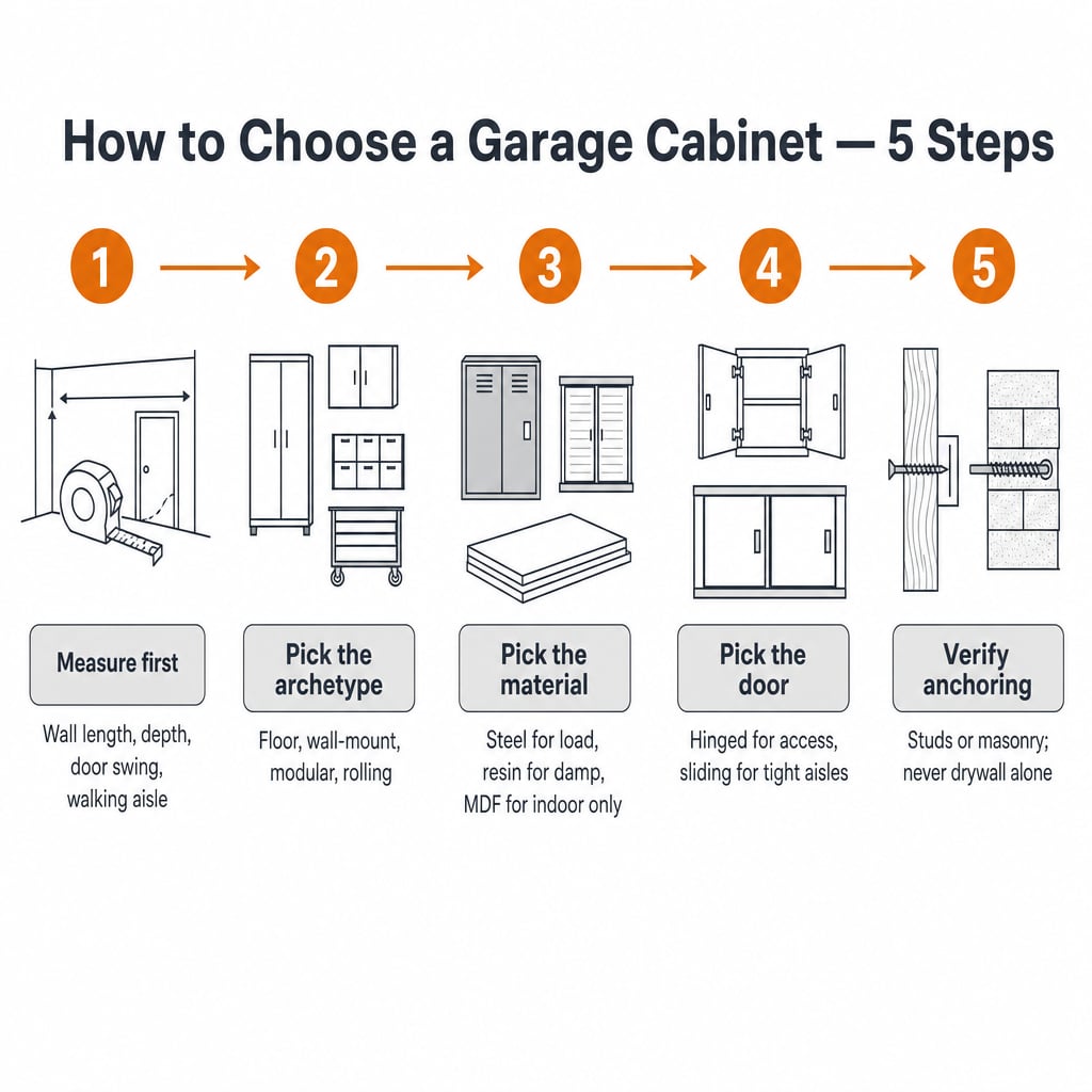 Five-step infographic for choosing a garage cabinet: measure the wall and clearance, pick the cabinet archetype, pick the material, pick the door type, verify the anchoring path