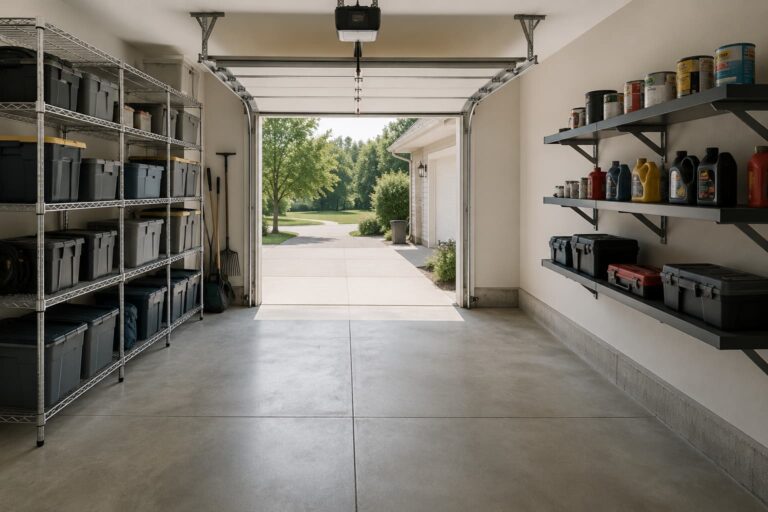 Organized residential garage interior with mixed shelving types