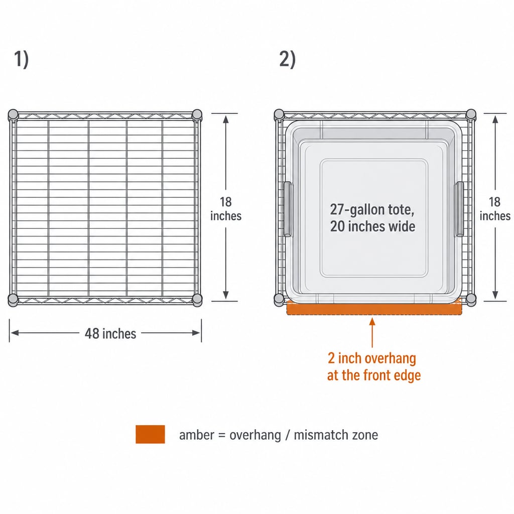 Comparison diagram of an 18-inch wire shelf and a 27-gallon storage tote, showing the tote overhangs the shelf by 2 inches at the front