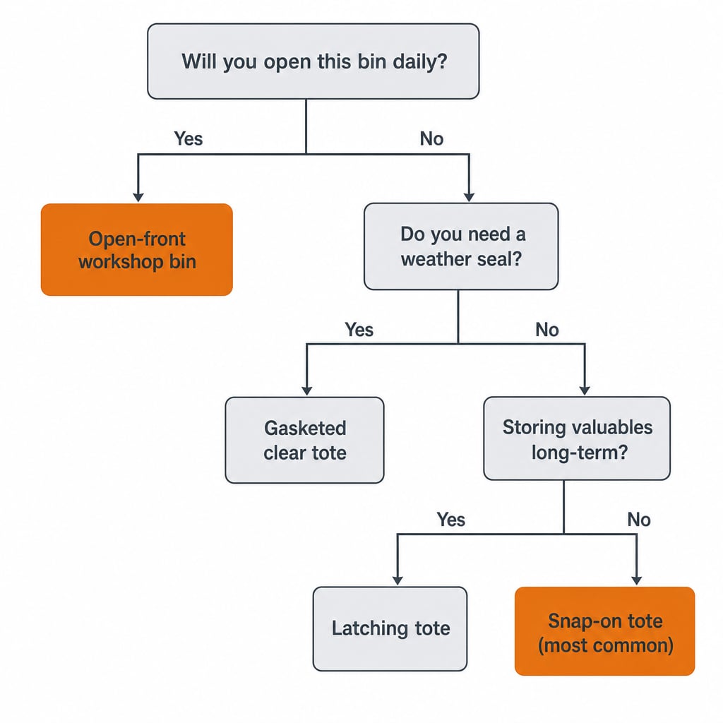 Decision tree for choosing a garage storage bin by lid mechanism, splitting open-front, snap-on, latching, and gasketed paths