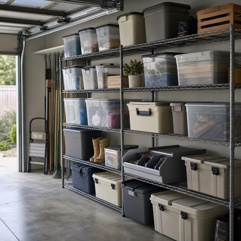 Plastic storage bins of different sizes and lid styles arranged on metal wire shelving in a daylight garage
