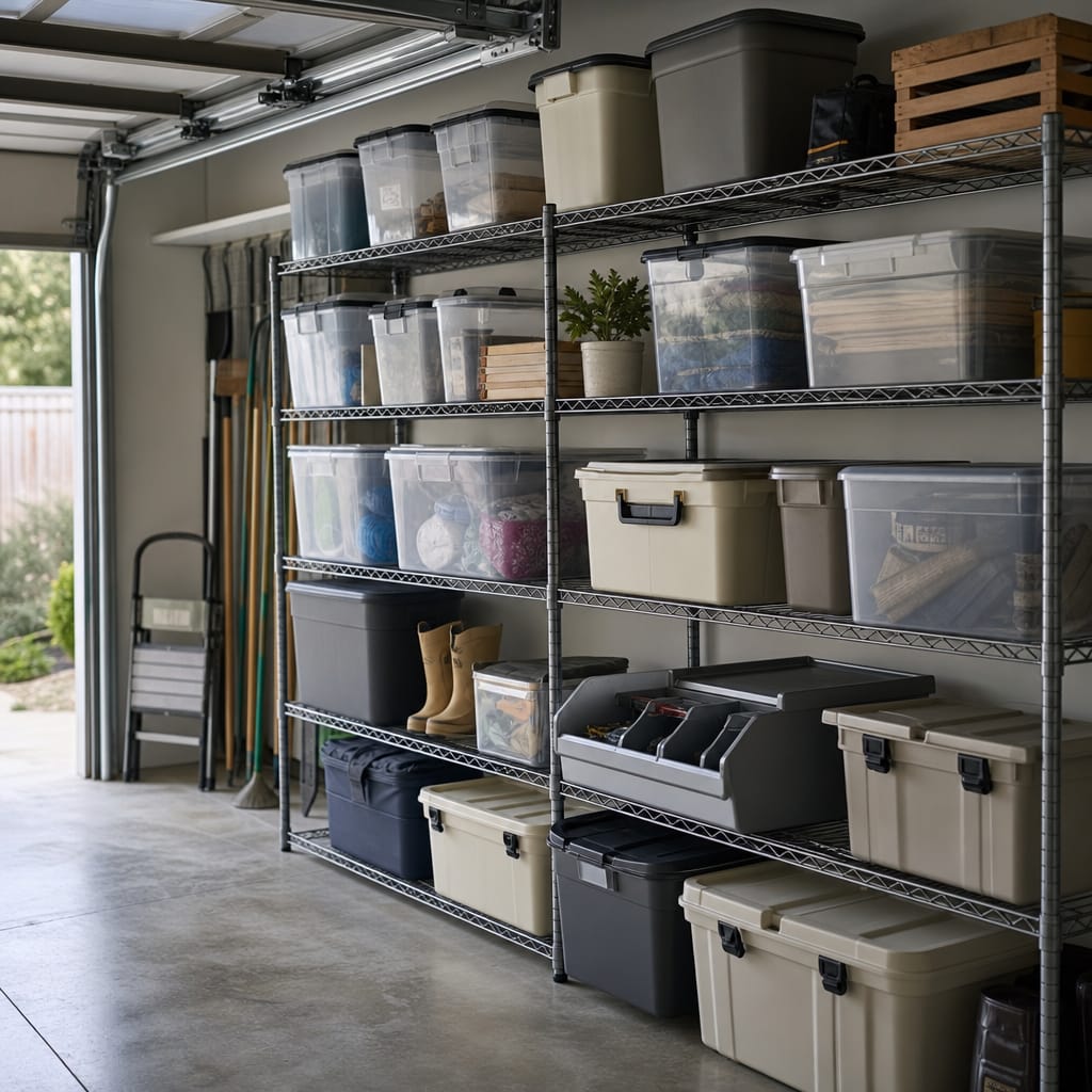 Plastic storage bins of different sizes and lid styles arranged on metal wire shelving in a daylight garage
