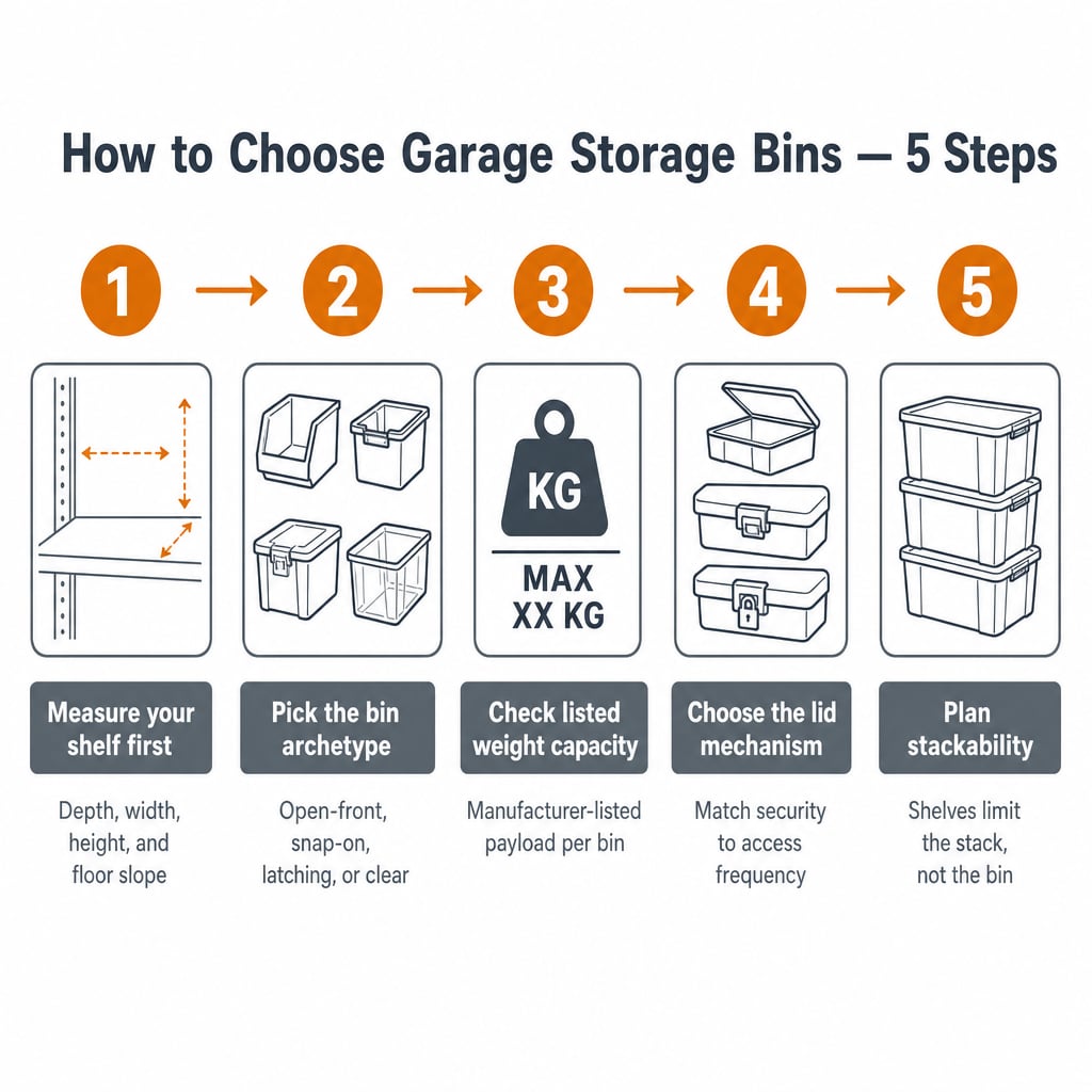 Five-step infographic for choosing garage storage bins: measure the shelf, pick the archetype, check capacity, choose lid mechanism, plan stackability