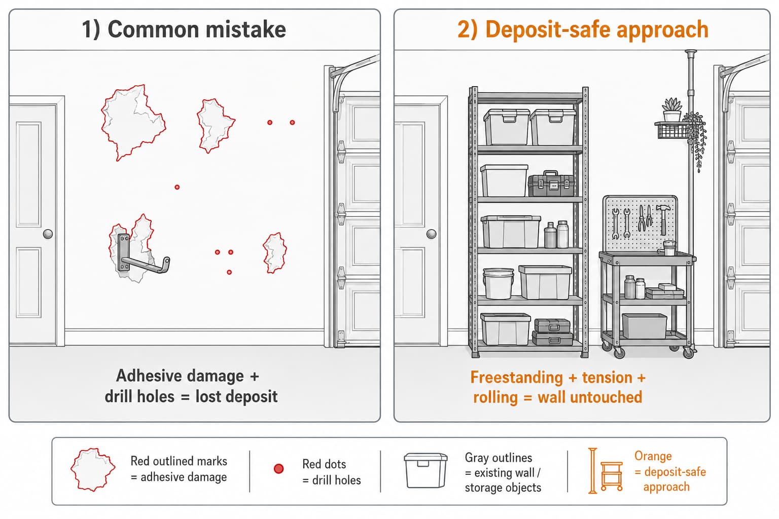 Two-panel comparison showing on the left a wall with damage where adhesive hooks were removed and screw holes left behind labeled common mistake, versus on the right a clean wall with freestanding shelving and a tension rod system labeled deposit-safe approach