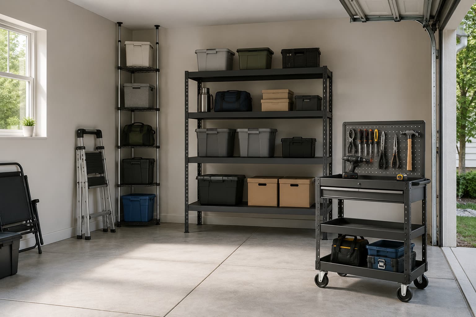 Rental garage interior with three deposit-safe storage solutions: a tension-rod shelf in a corner gap, a heavy freestanding steel shelving unit against the back wall, and a rolling utility cart with pegboard back in the foreground