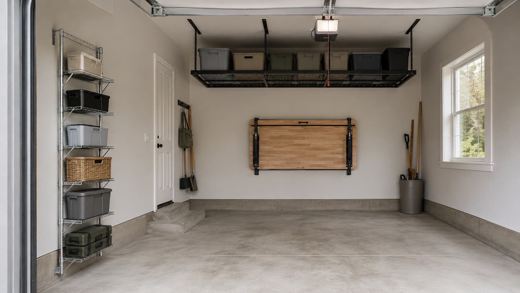 Small single-car garage interior showing three vertical storage strategies at once: tall narrow shelving against the side wall, a wall-mounted folding workbench in the closed position, and a ceiling-mounted overhead rack above the parking spot