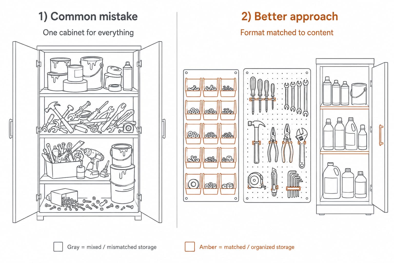 Side-by-side comparison illustrating two common mistakes: one big cabinet trying to hold everything versus three matched storage formats each holding the content type they fit