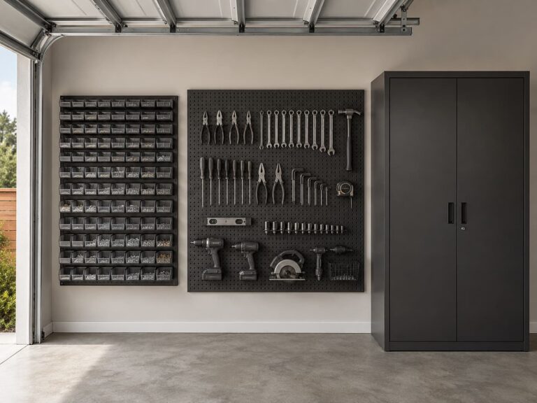 Organized residential garage wall showing three storage formats side by side: small parts bins on the left, a metal pegboard with hand tools in the center, and a tall steel cabinet on the right