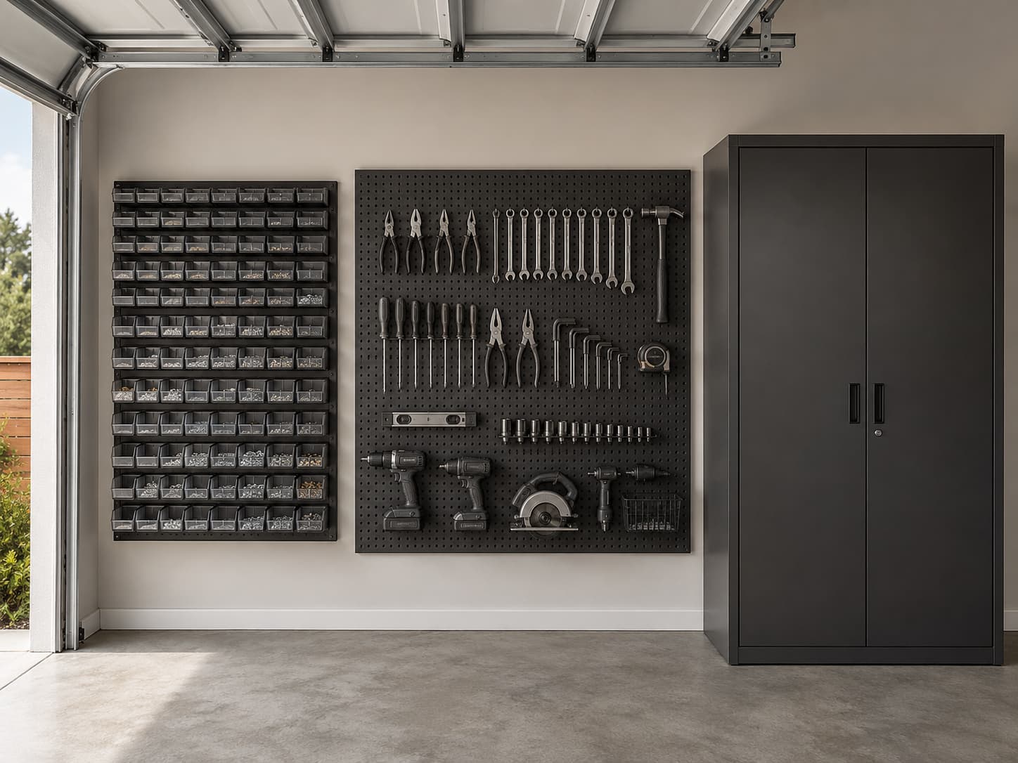 Organized residential garage wall showing three storage formats side by side: small parts bins on the left, a metal pegboard with hand tools in the center, and a tall steel cabinet on the right