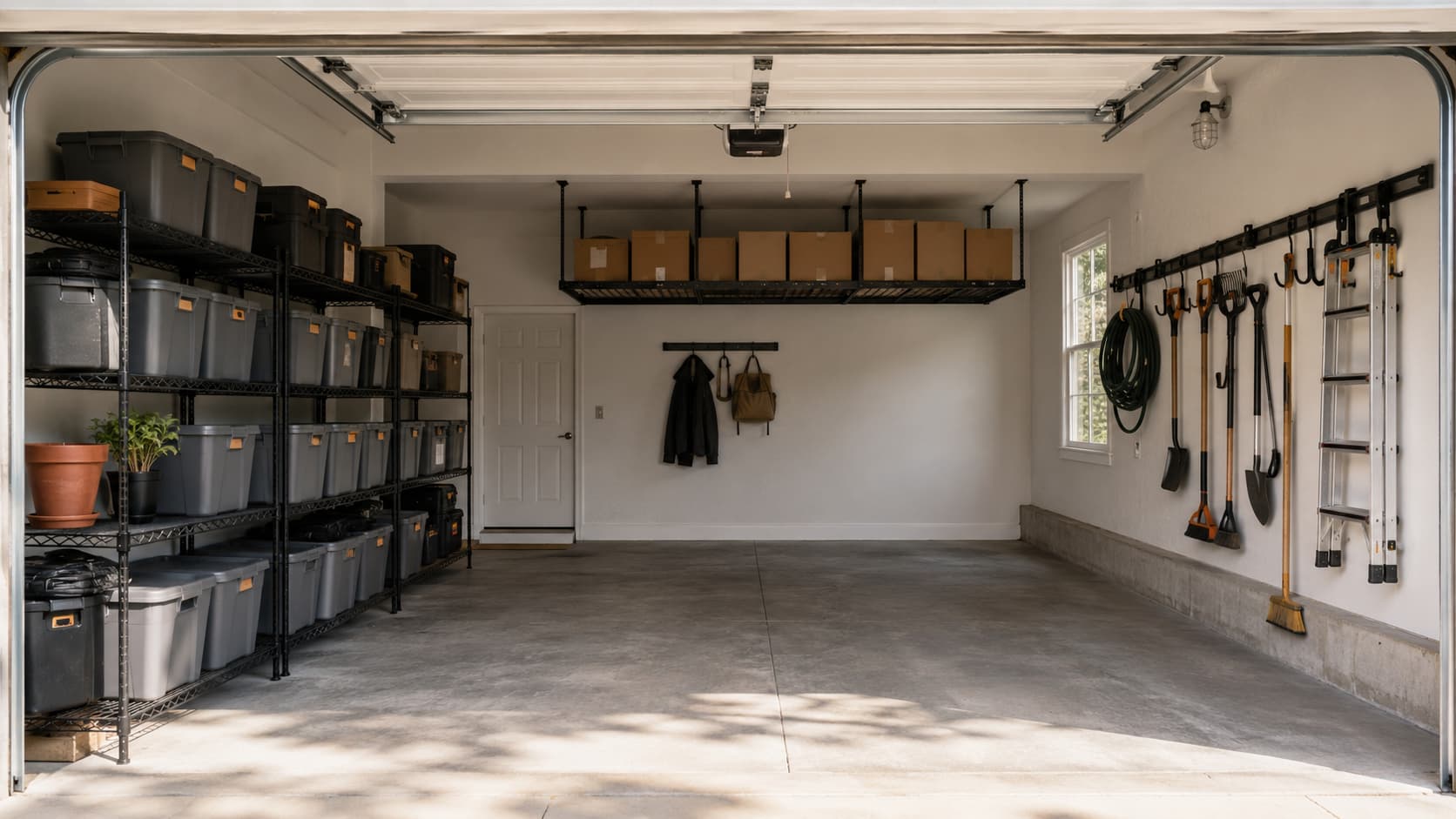 How to choose a garage storage system — organized two-car garage with shelving, wall track, and overhead rack