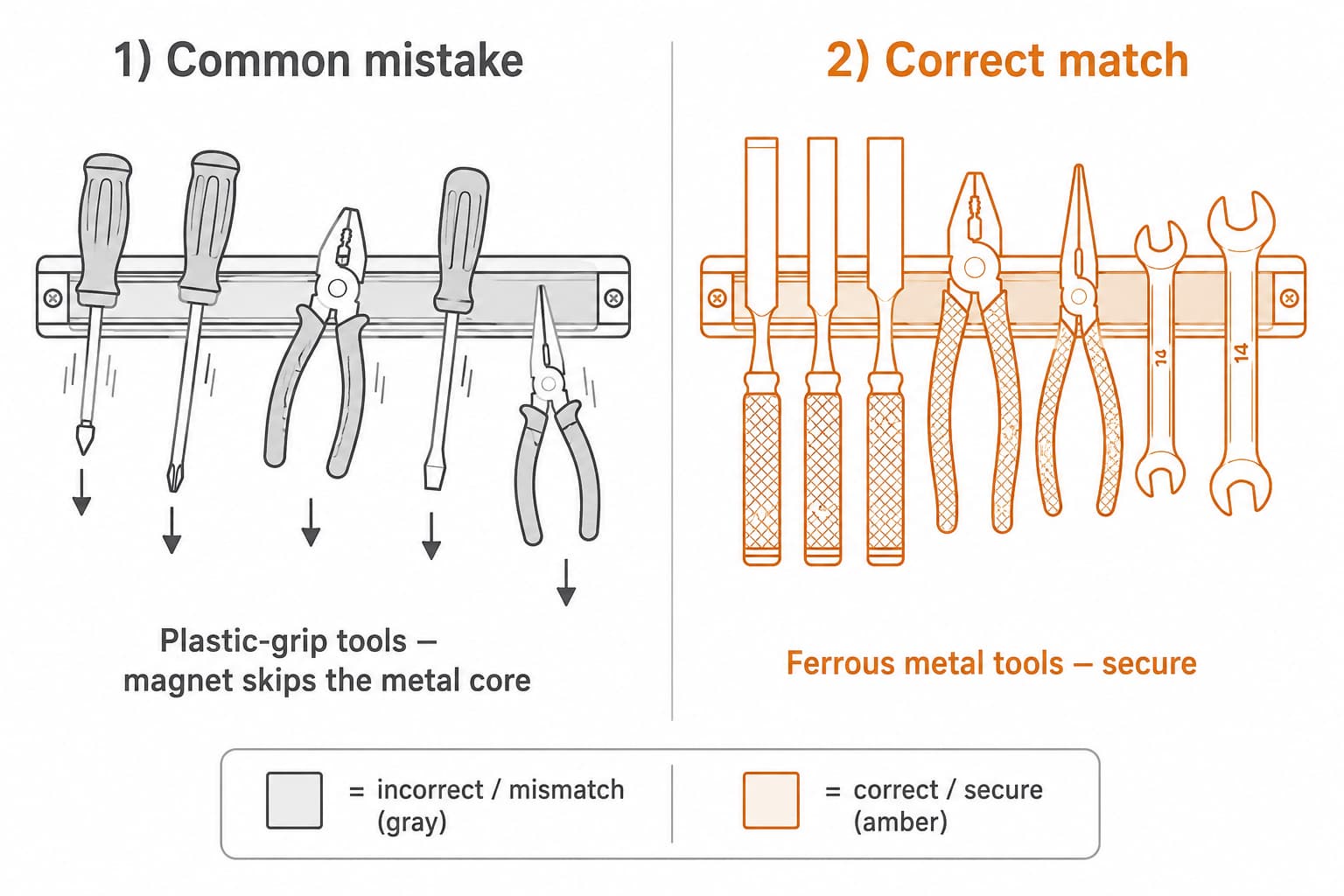 Two-panel comparison showing a magnetic strip with plastic-grip screwdrivers falling off in the left panel labeled common mistake, versus the same strip holding metal-only tools securely in the right panel labeled correct match