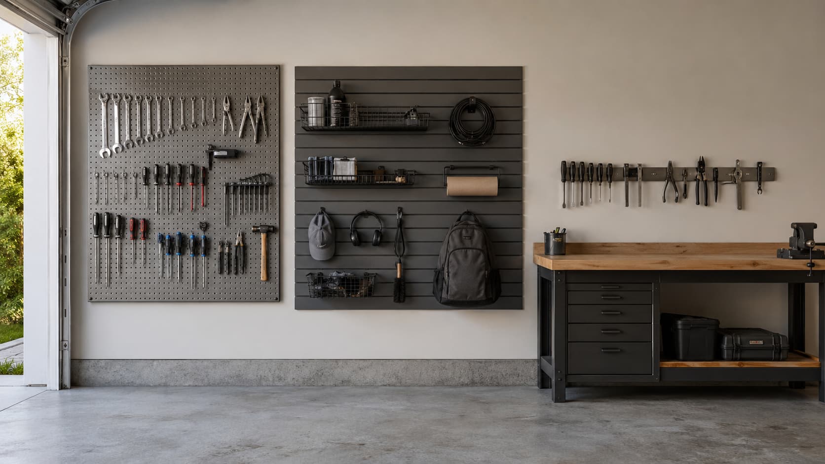 Organized residential garage tool wall showing a metal pegboard with hand tools, a slatwall panel with shelves and hooks, and a magnetic strip holding chisels side-by-side